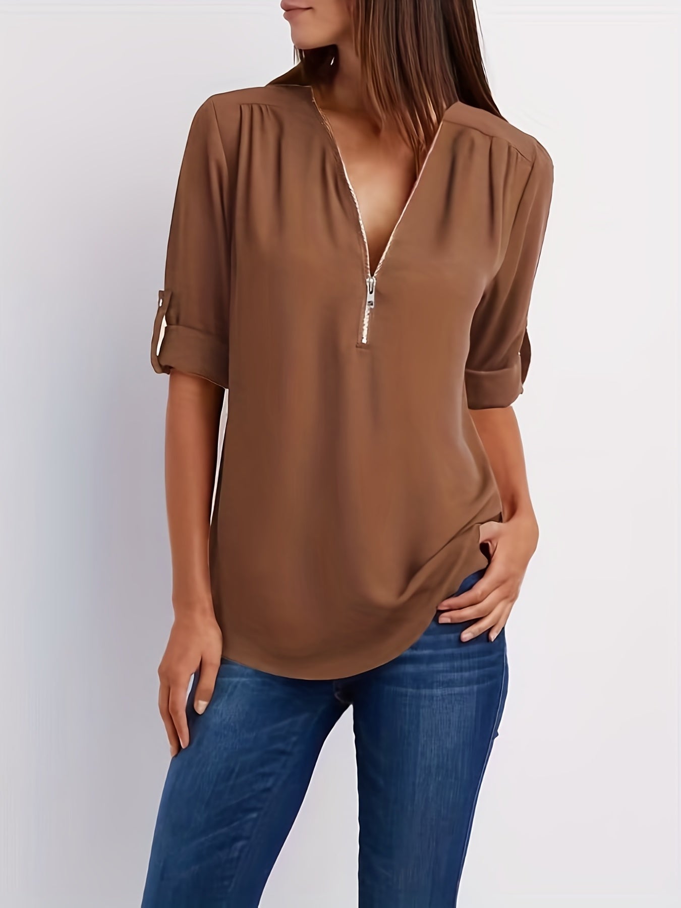 Blusa Frontal con Cremallera Sin Esfuerzo para Mujeres con Cuello en V y Manga con Tabulador, Estilo Túnica Relajada