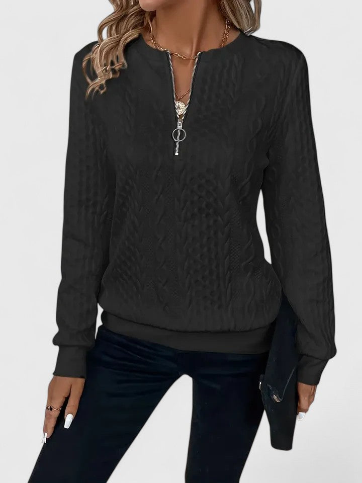 Sudadera de punto trenzado cómoda para mujeres con cuello de triplete y manga larga, estilo relajado y oversize