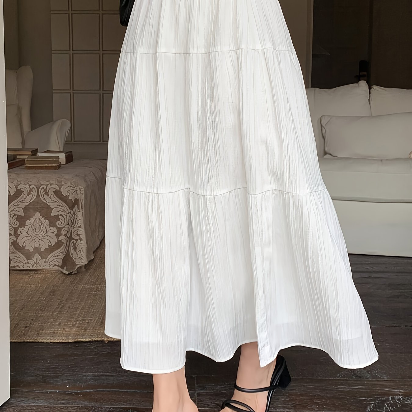 Falda Maxi Blanca de Capas Elegante para Mujeres con Cintura Alta Elástica Estilo A Line Fluyente