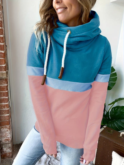 Sudadera Colorblock Cómoda para Mujeres con Cuello de Cowl, Manga Larga, Capucha, Estilo Oversized de Tejido