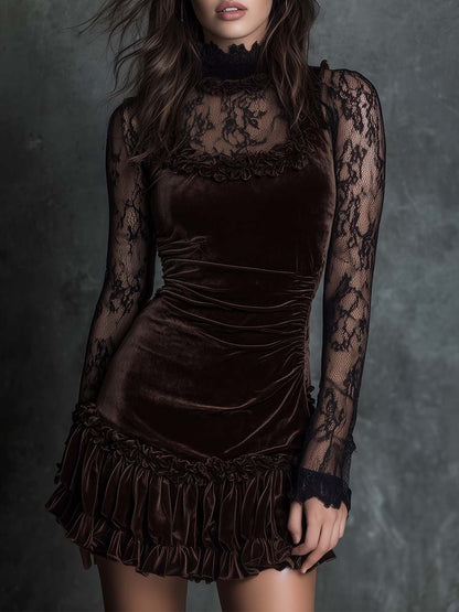 Elegante Mini Vestido de Terciopelo Chocolate para Mujeres con Cuello Alto de Encaje y Manga Larga Fruncida de Estilo Cóctel