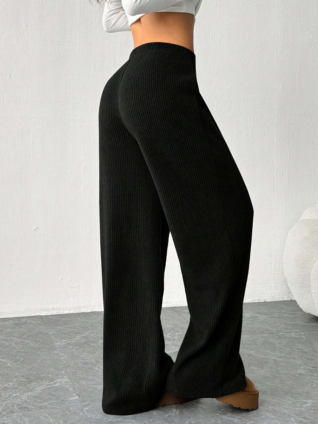 Pantalones Anchos de Punto Acanalado para Mujeres con Cintura Alta y Cuerda de Ajuste, Estilo Casual Relajado