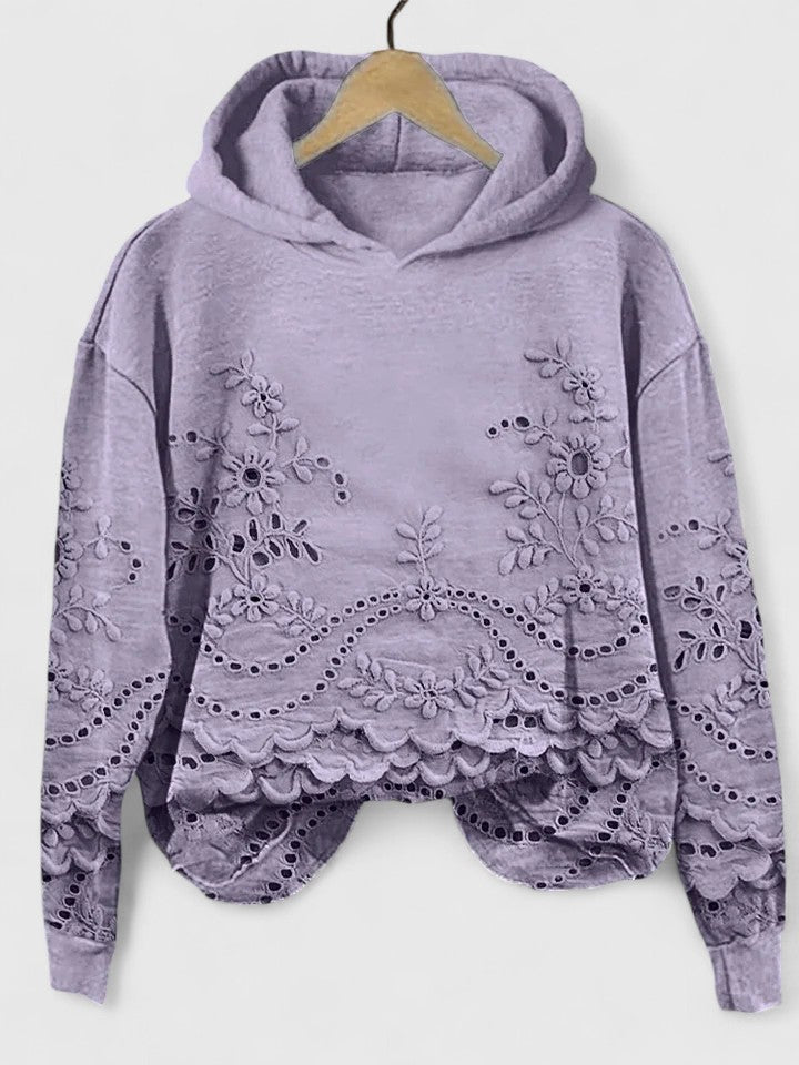 Sudadera con Capucha de Ojal Floral sin Esfuerzo para Mujeres con Mangas Largas y Dobladillo Ondulado Estilo Casual Corto