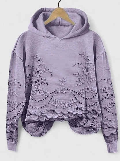 Sudadera con Capucha de Ojal Floral sin Esfuerzo para Mujeres con Mangas Largas y Dobladillo Ondulado Estilo Casual Corto