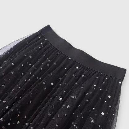 Falda Midi Elegante para Mujeres con Cintura Alta Elástica de Tul Brillante y Dobladillo Asimétrico Estilo Casual