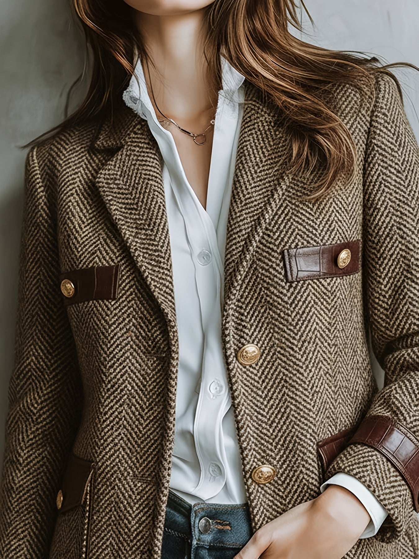 Blazer Elegante de Tweed Herringbone en Caqui para Mujeres con Cuello de Solapa y Mangas Largas con Detalles de Cuero y Botones Dorados