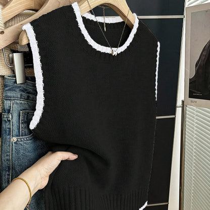 Chaleco de Suéter de Contraste Cómodo para Mujeres con Cuello Redondo, Sin Mangas, dobladillo Acanalado, Estilo Oversized