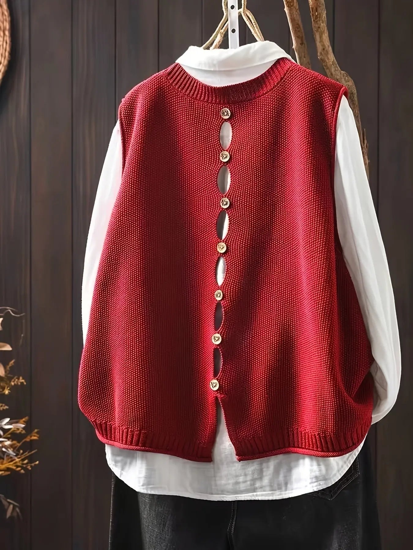 Chaleco de Suéter Cómodo para Mujeres con Cuello Redondo, Sin Mangas, Botones en la Parte Posterior, Estilo Relajado y Oversized