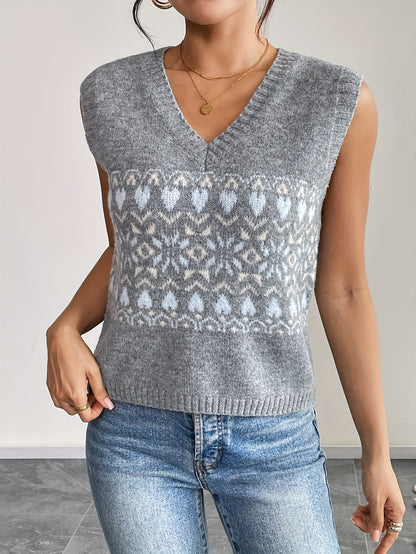 Chaleco de Suéter Elegante en Gris con Patrón Fair Isle para Mujeres con Escote en V, Sin Mangas, Corto y de Estilo Oversized