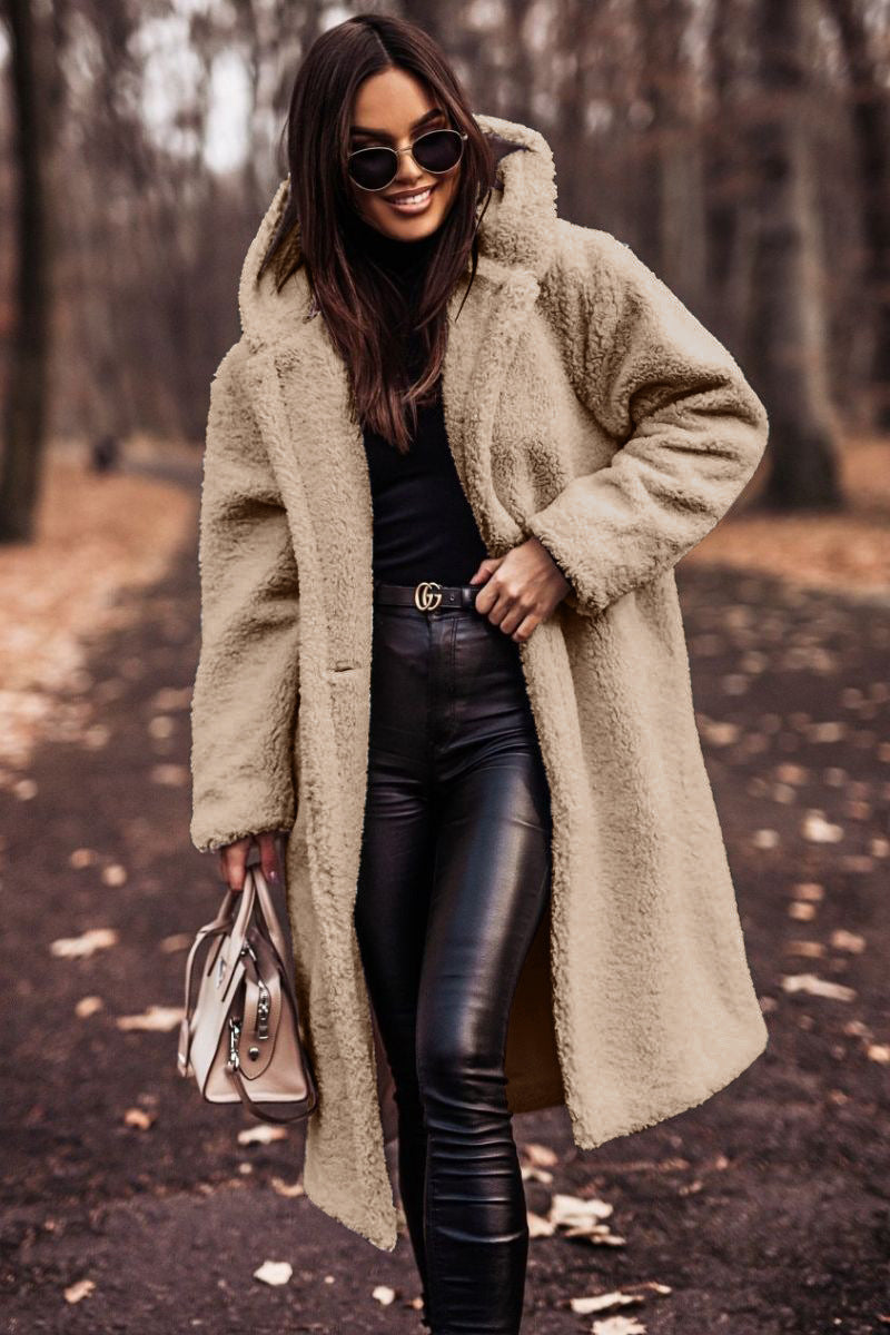 Abrigo de Piel de Oveja Sin Esfuerzo para Mujeres con Cuello con Capucha, Manga Larga, Estilo Oversized y Largo