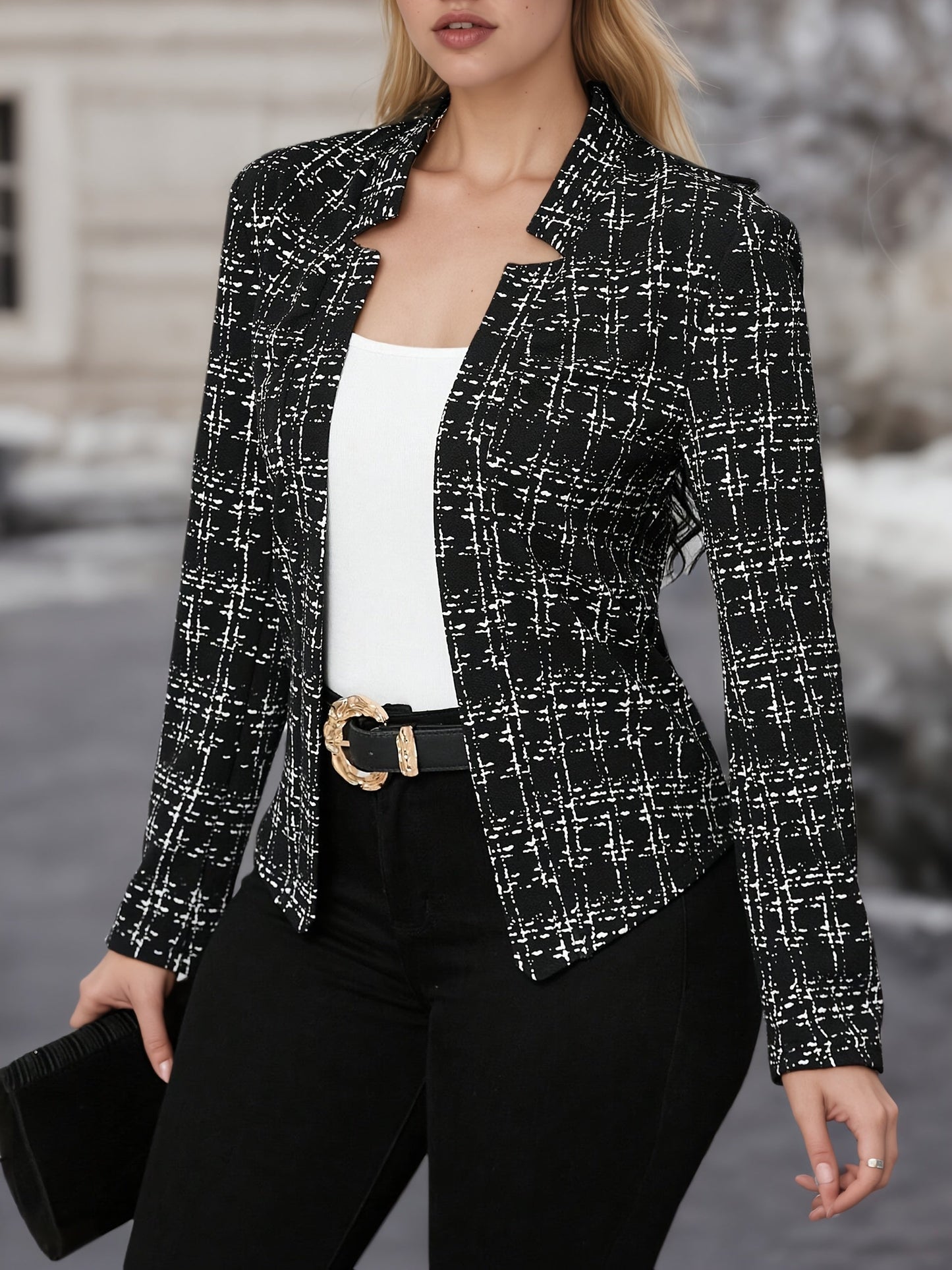 Blazer de Tweed Elegante para Mujeres con Cuello de Solapa, Manga Larga, Estilo Ajustado