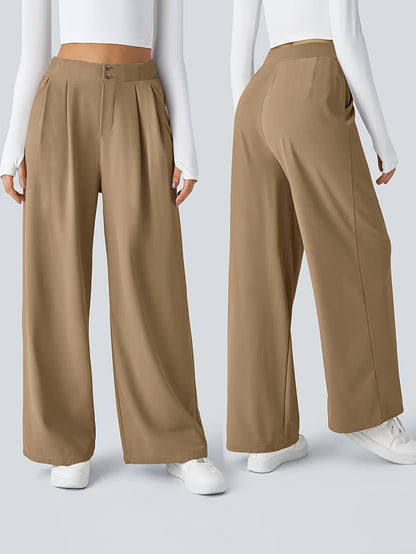 Pantalones Elegantes de Pierna Ancha en Caqui para Mujeres con Cintura Alta, Plisados y Estilo Ajustado