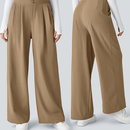 Pantalones Elegantes de Pierna Ancha en Caqui para Mujeres con Cintura Alta, Plisados y Estilo Ajustado