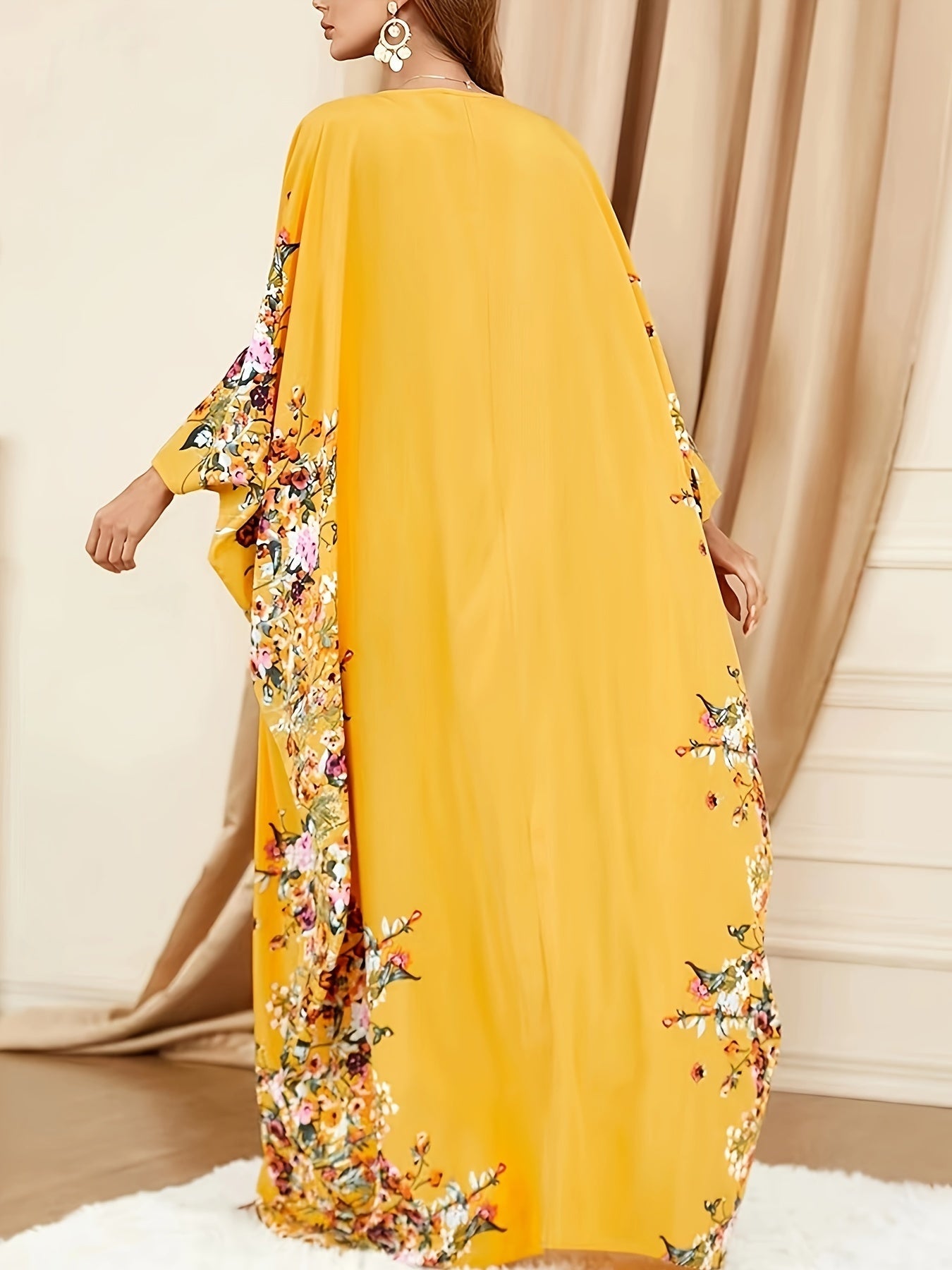 Elegante Vestido Maxi Kaftán Floral para Mujeres con Cuello Redondo y Mangas Murciélago