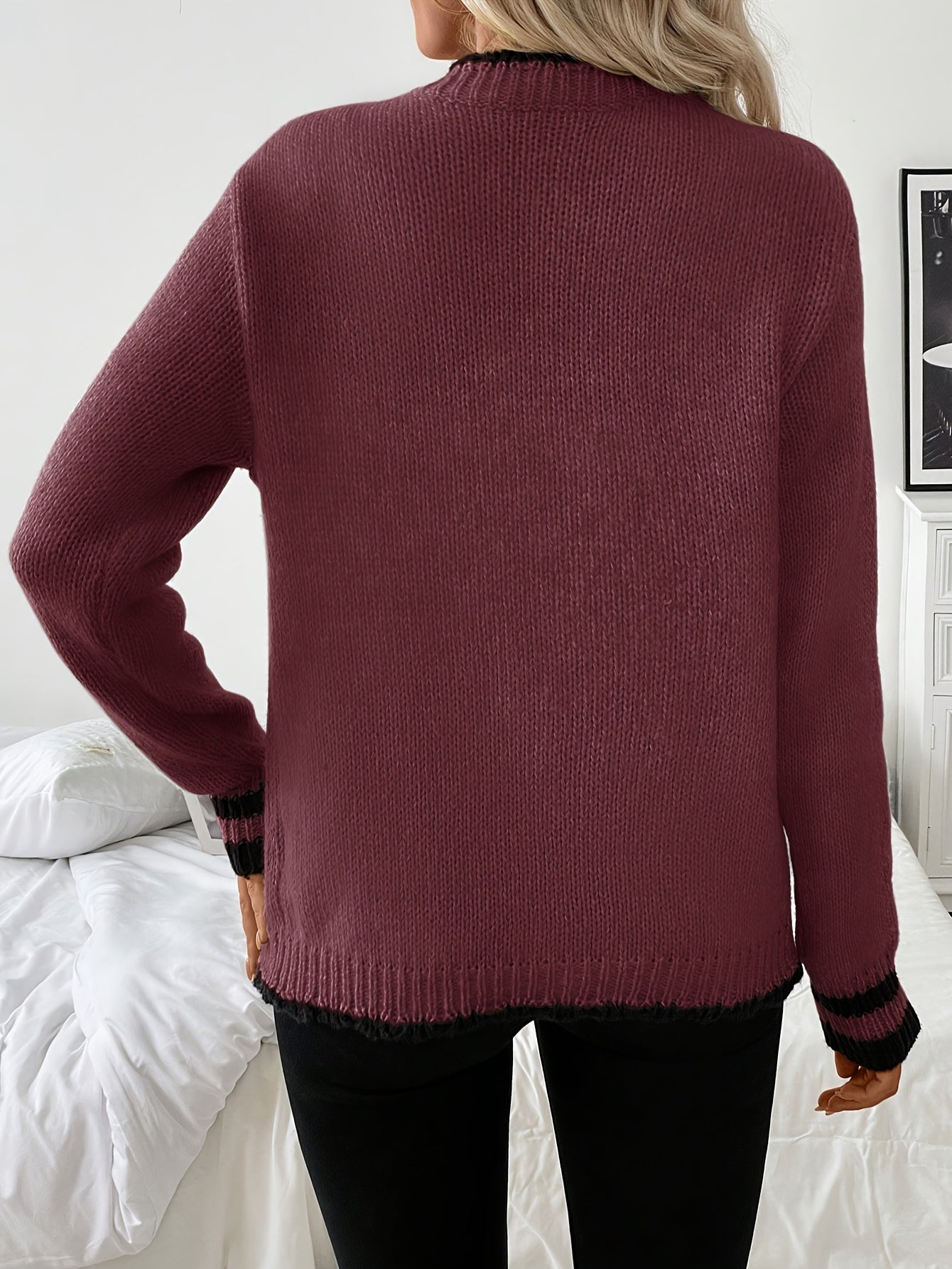 Suéter Cardigan de Contraste Cómodo para Mujeres con Cuello en V, Manga Larga y Botones en la Parte Frontal, Estilo de Punto Acanalado