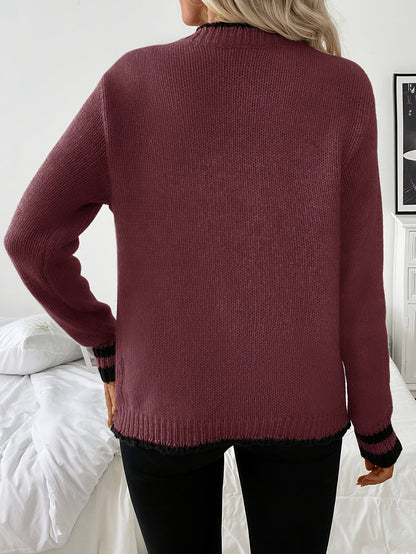 Suéter Cardigan de Contraste Cómodo para Mujeres con Cuello en V, Manga Larga y Botones en la Parte Frontal, Estilo de Punto Acanalado