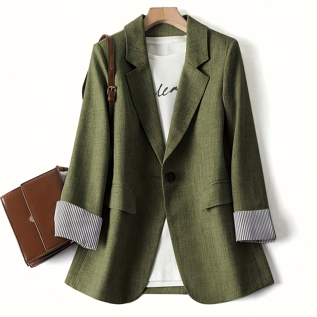Blazer Texturizado Verde Helecho Elegante para Mujeres con Solapa de Muesca, Manga Larga y Puño Rayado Estilo Casual