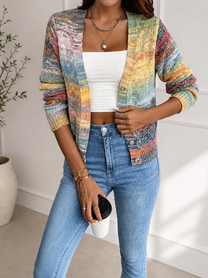 Suéter Cardigan de Tejido Espacial Cómodo para Mujeres con Cuello en V, Manga Larga y Botones en la Parte Frontal