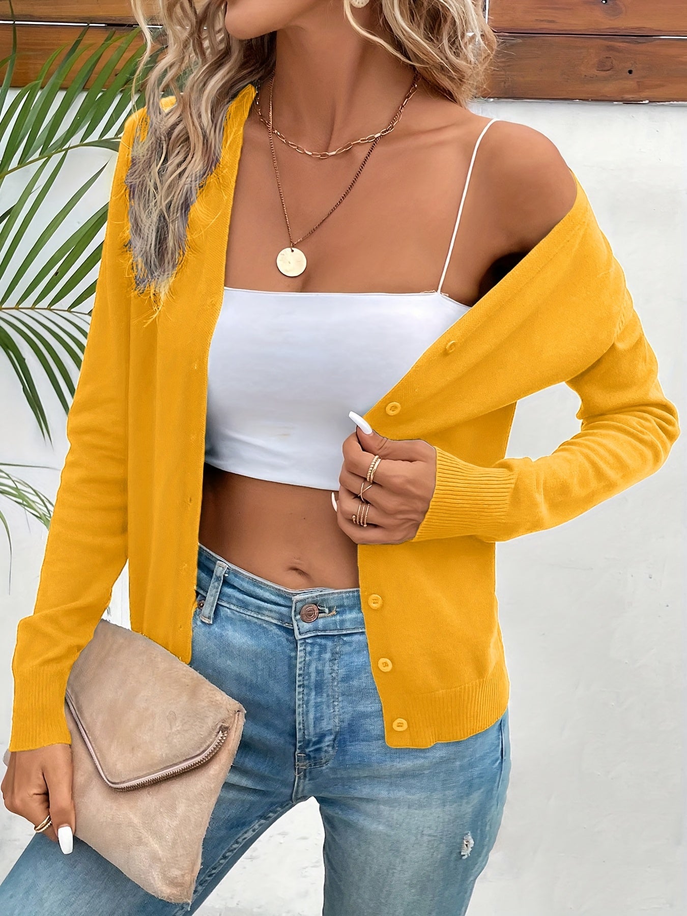 Suéter Cárdigan de Punto Sin Esfuerzo para Mujeres con Cuello en V, Manga Larga, Frente con Botones y Estilo Relajado