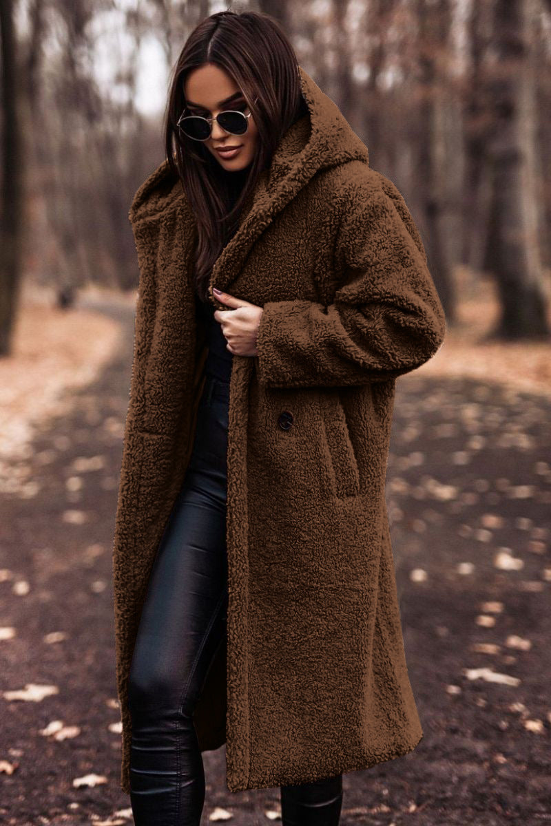 Abrigo de Piel de Oveja Sin Esfuerzo para Mujeres con Cuello con Capucha, Manga Larga, Estilo Oversized y Largo