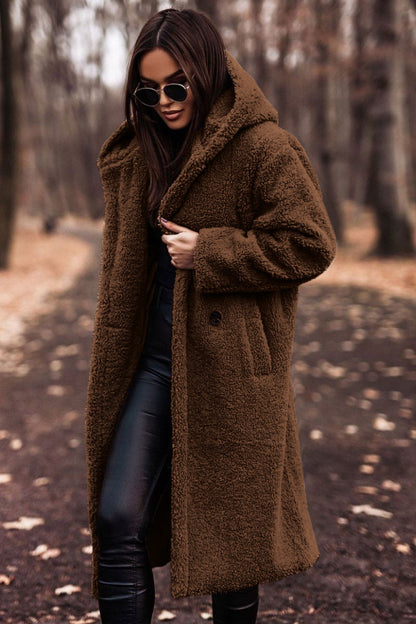 Abrigo de Piel de Oveja Sin Esfuerzo para Mujeres con Cuello con Capucha, Manga Larga, Estilo Oversized y Largo