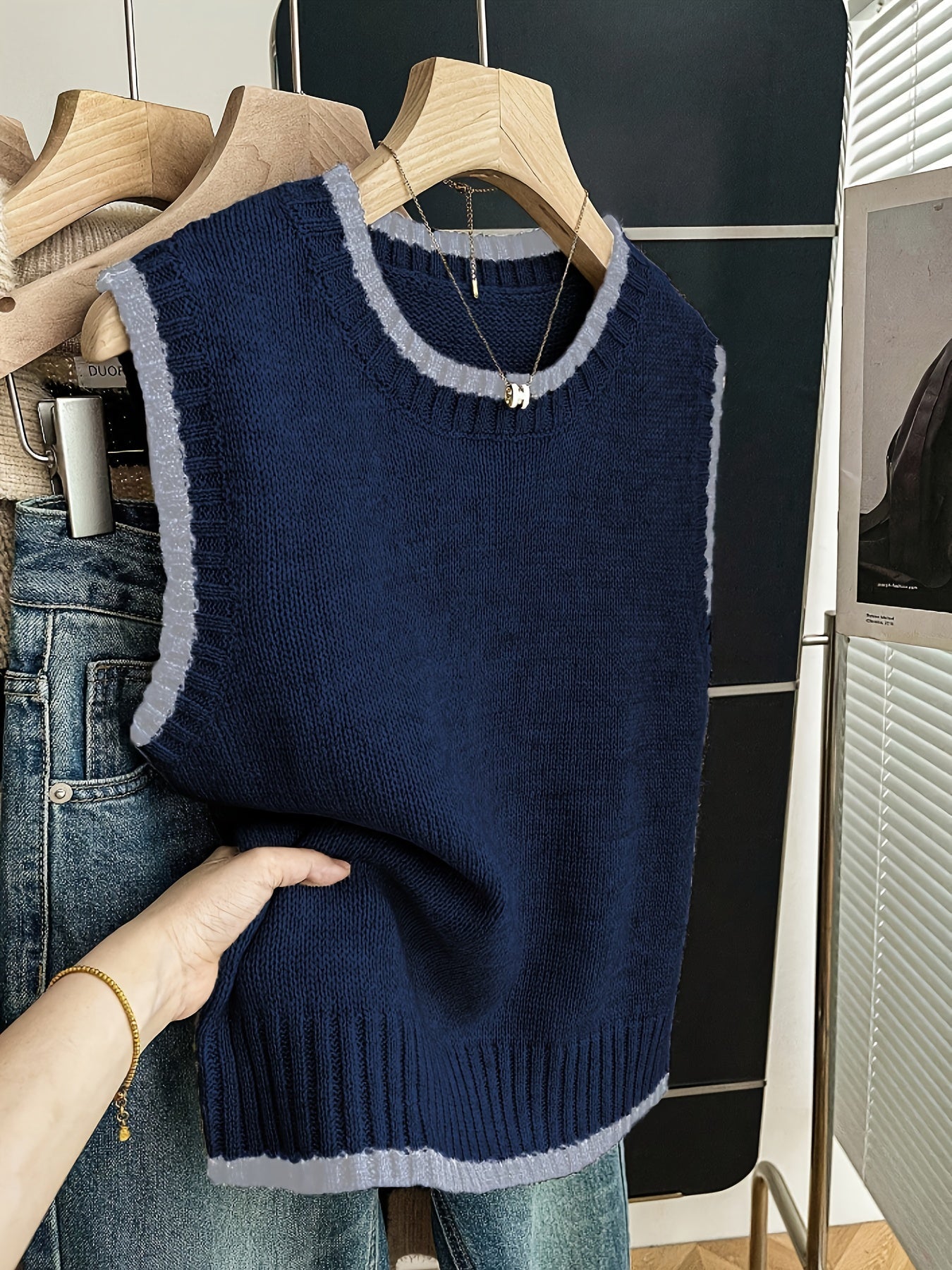 Chaleco de Suéter de Contraste Cómodo para Mujeres con Cuello Redondo, Sin Mangas, dobladillo Acanalado, Estilo Oversized