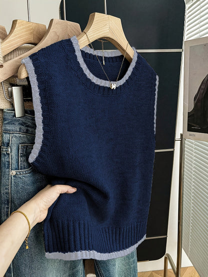 Chaleco de Suéter de Contraste Cómodo para Mujeres con Cuello Redondo, Sin Mangas, dobladillo Acanalado, Estilo Oversized