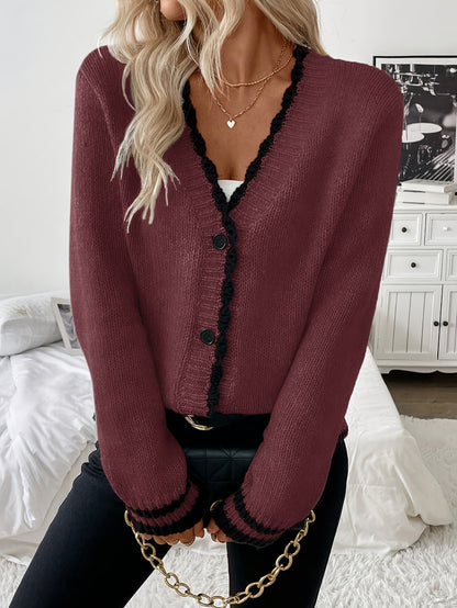 Suéter Cardigan de Contraste Cómodo para Mujeres con Cuello en V, Manga Larga y Botones en la Parte Frontal, Estilo de Punto Acanalado