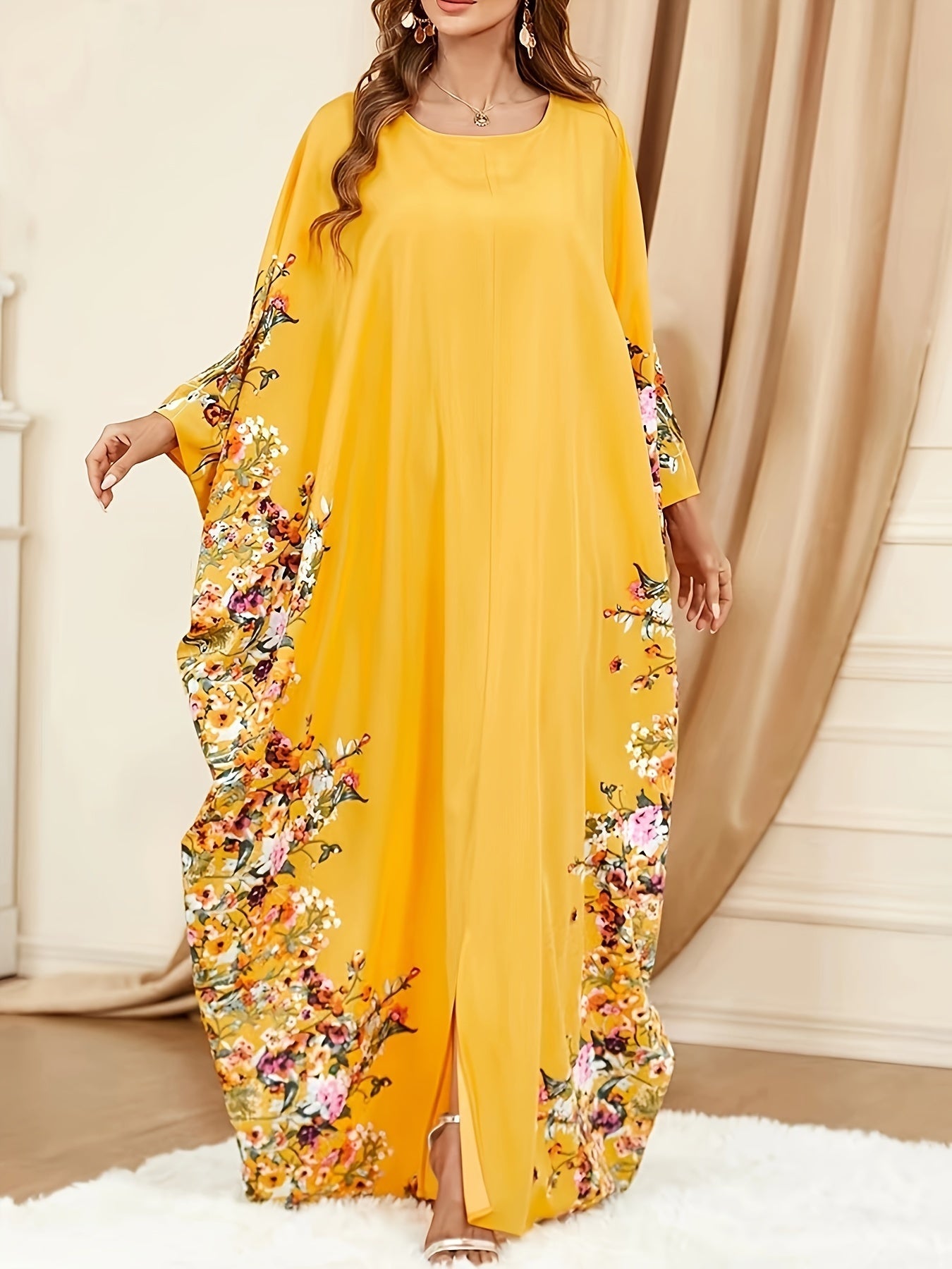 Elegante Vestido Maxi Kaftán Floral para Mujeres con Cuello Redondo y Mangas Murciélago