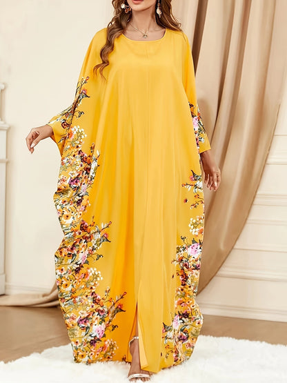 Elegante Vestido Maxi Kaftán Floral para Mujeres con Cuello Redondo y Mangas Murciélago