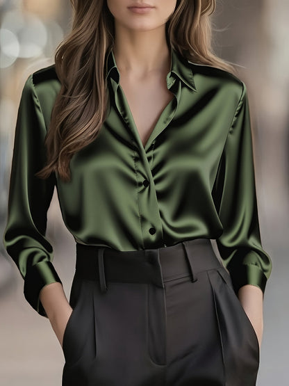 Blusa de Satén Elegante para Mujeres con Cuello, Manga Larga y Botones, Estilo Relajado y Sedoso