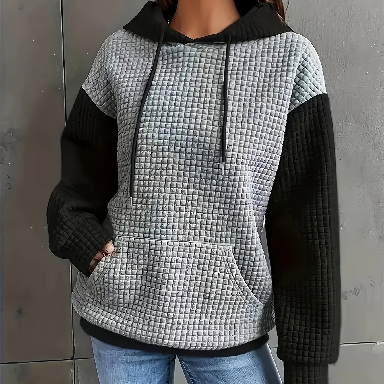 Sudadera Texturizada Colorblock Cómoda para Mujeres con Capucha Ajustable, Manga Larga y Bolsillo Canguro, Estilo Oversized