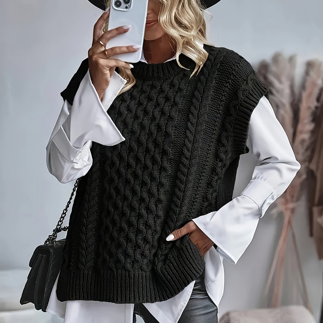 Chaleco de Punto Trenzado Cómodo para Mujeres con Cuello Redondo Sin Mangas Estilo Oversized