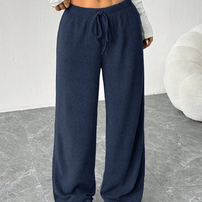Pantalones Anchos de Punto Acanalado para Mujeres con Cintura Alta y Cuerda de Ajuste, Estilo Casual Relajado
