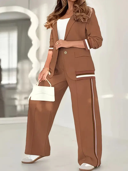Conjunto Elegante de Dos Piezas para Mujeres con Blazer de Solapa Notch y Pantalones de Pierna Ancha Estilo Formal