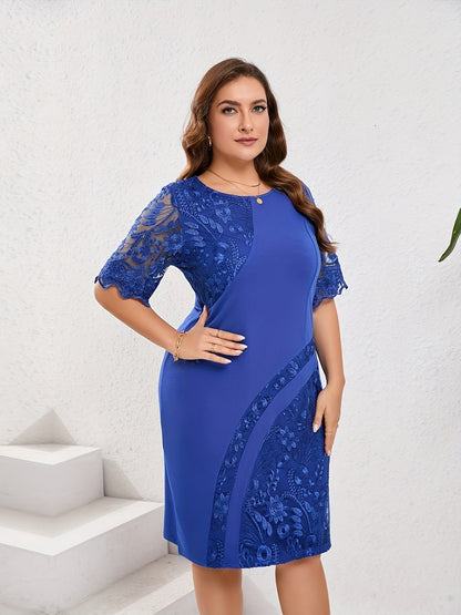 Elegante Vestido Midi de Encaje Bordado para Mujeres con Cuello Redondo y Manga Media Estilo Cóctel