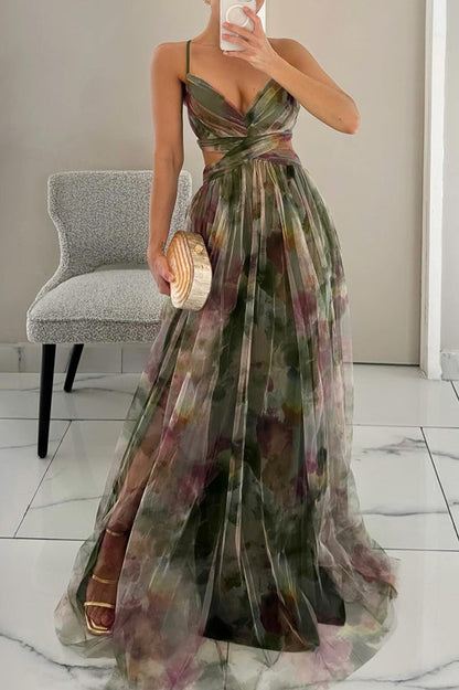 Elegante Vestido Maxi Floral Acuarela para Mujeres con Escote en V Sin Mangas y Cintura Envueltada, Estilo Formal para Invitadas de Boda