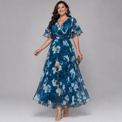 Elegante Vestido Maxi Floral Azul para Mujeres con Escote en V y Mangas Volantes, Estilo para Invitadas de Boda