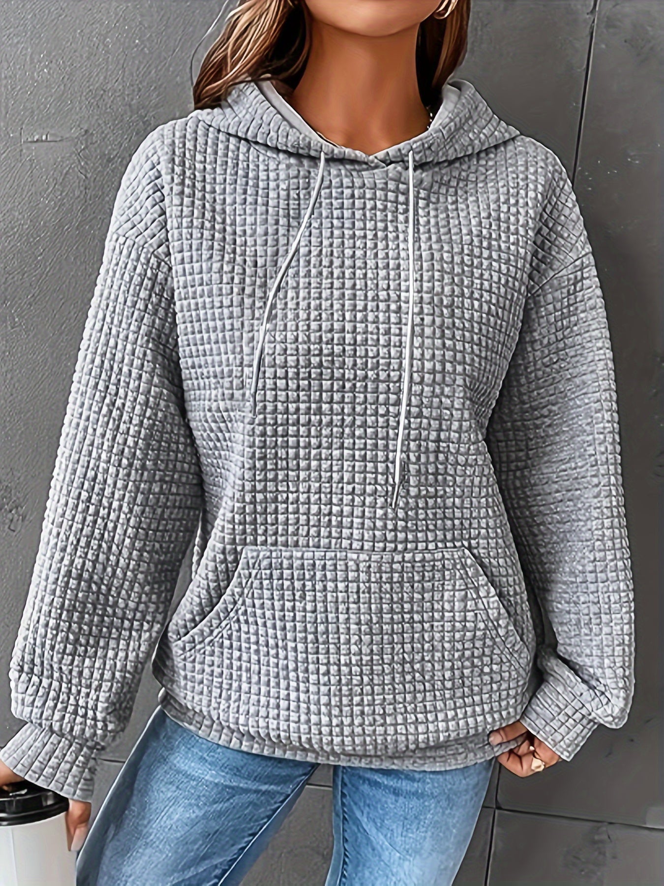 Sudadera de punto waffle color bloque cómoda para mujeres con capucha ajustable, manga larga y bolsillo canguro, estilo oversized
