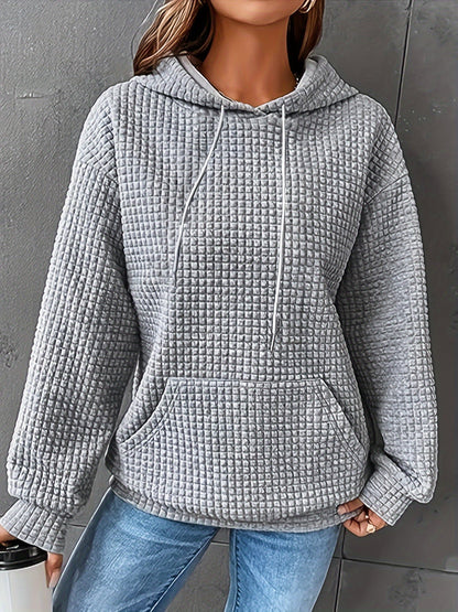 Sudadera de punto waffle color bloque cómoda para mujeres con capucha ajustable, manga larga y bolsillo canguro, estilo oversized