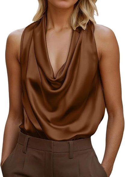 Blusa de Satén Elegante para Mujeres con Cuello de Cowl Sin Mangas y Estilo Drapado
