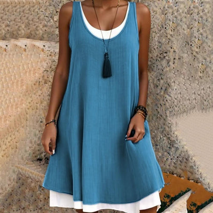 Vestido de Tanque con Capas Sin Esfuerzo para Mujeres con Escote Redondo Sin Mangas Estilo Casual en Línea Fluyente