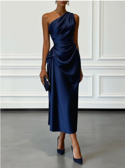 Vestido Midi de Satén Elegante para Mujeres con Un Hombro Drapado Estilo Formal