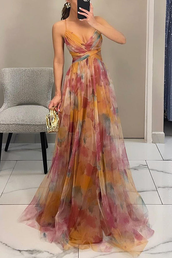 Elegante Vestido Maxi Floral Acuarela para Mujeres con Escote en V Sin Mangas y Cintura Envueltada, Estilo Formal para Invitadas de Boda