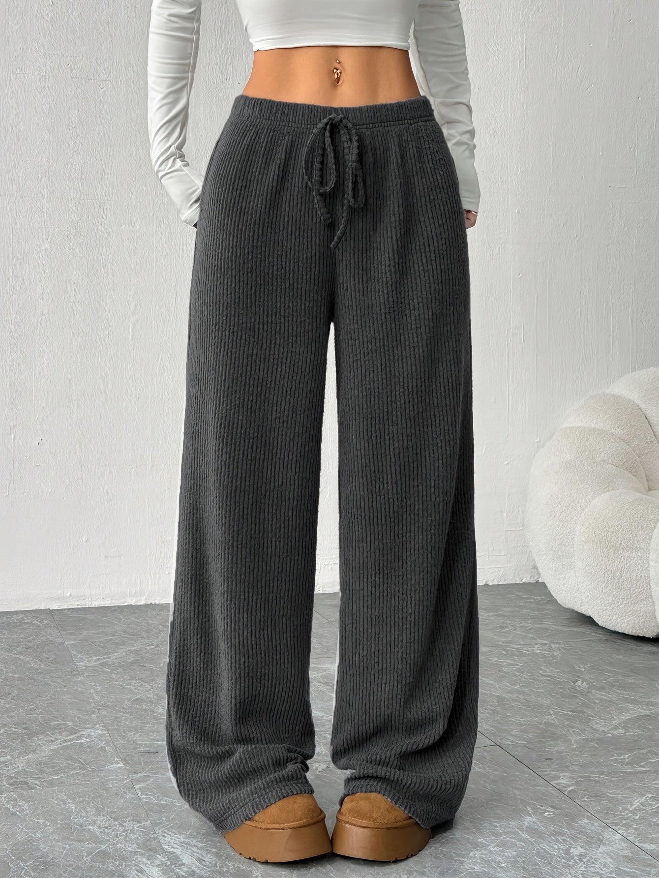 Pantalones Anchos de Punto Acanalado para Mujeres con Cintura Alta y Cuerda de Ajuste, Estilo Casual Relajado