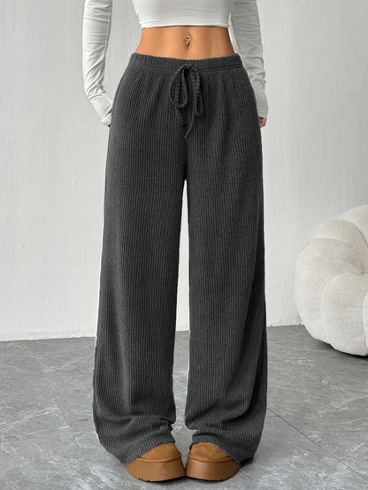 Pantalones Anchos de Punto Acanalado para Mujeres con Cintura Alta y Cuerda de Ajuste, Estilo Casual Relajado