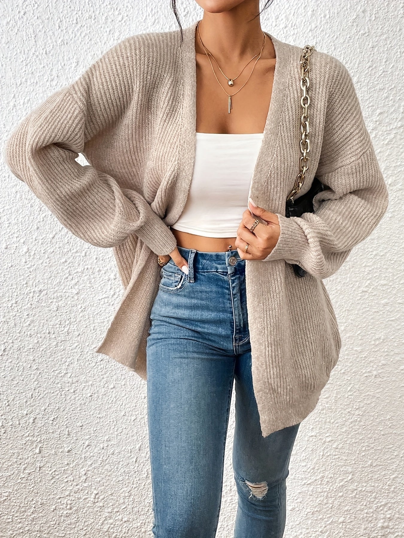 Suéter Cardigan Cómodo Amarillo Claro para Mujeres con Manga Globo y Estilo Oversized de Tejido