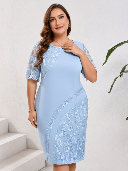Elegante Vestido Midi de Encaje Bordado para Mujeres con Cuello Redondo y Manga Media Estilo Cóctel