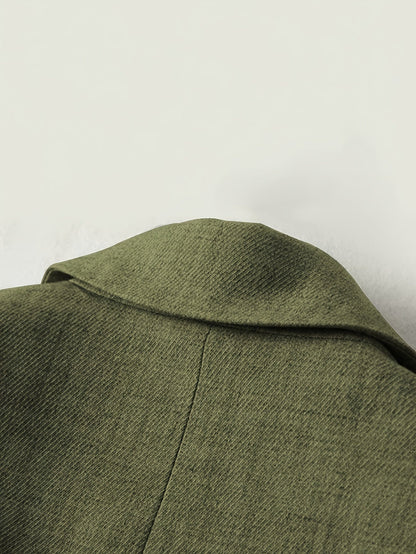 Blazer Texturizado Verde Helecho Elegante para Mujeres con Solapa de Muesca, Manga Larga y Puño Rayado Estilo Casual