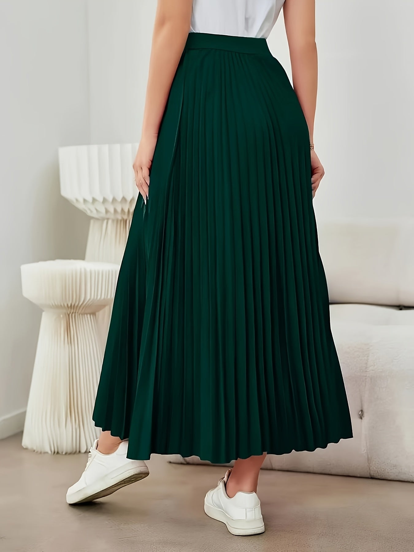 Elegante Falda Maxi Plisada Verde Oscuro para Mujeres con Cintura Alta Estilo A Linea Fluida